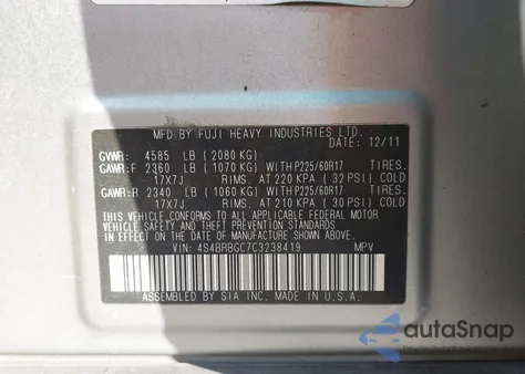 2012 Subaru Outback 2.5I Premium from USA, damaged, VIN 4S4BRBGC7C3238419